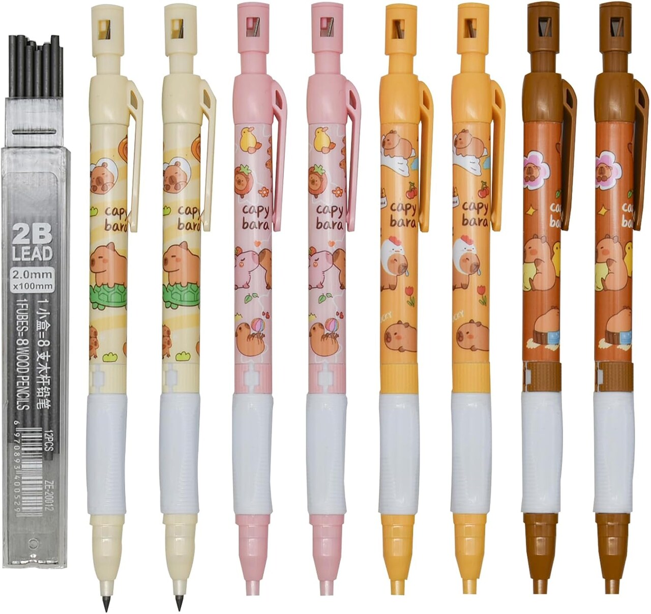 12-Pack Capybara Mechanical Pencils with Built-In Sharpener – 2.0mm Non-Sharpening Automatic Pencils with 12 2B Lead Refills – Fun School, Drawing, and Writing Supplies (Black)